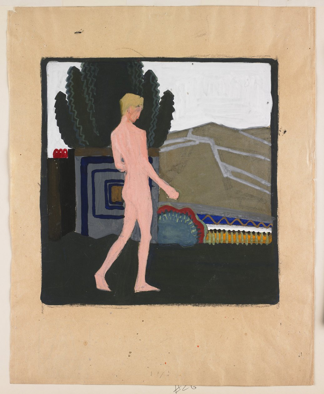 Nudo maschile in piedi in un paesaggio, 1914 circa (gouache su carta) da Erich Mallina