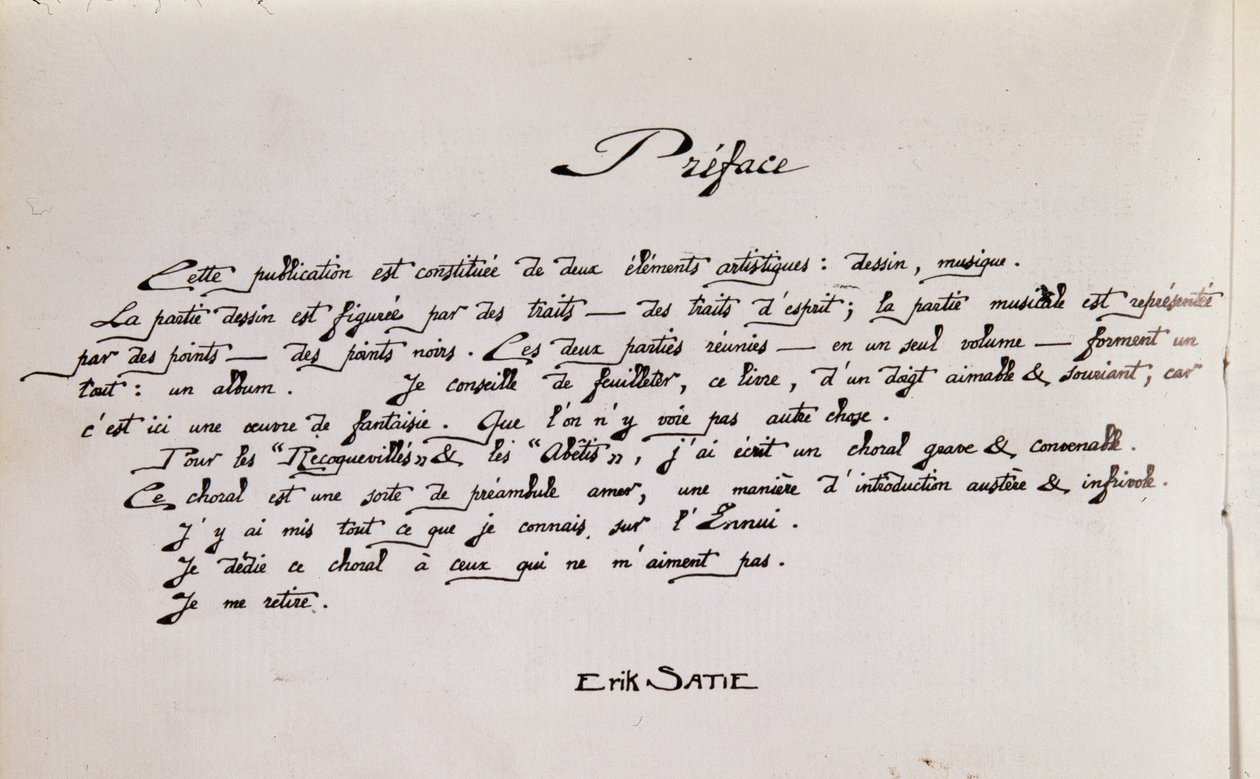 Prefazione manoscritta della partitura musicale con disegni da Erik Satie