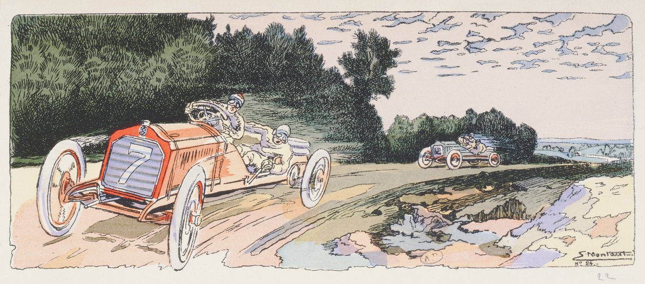 Arthur Duray nella sua Lorraine-Dietrich in competizione nel rally delle Ardenne nel 1906, c.1910 da Ernest Montaut
