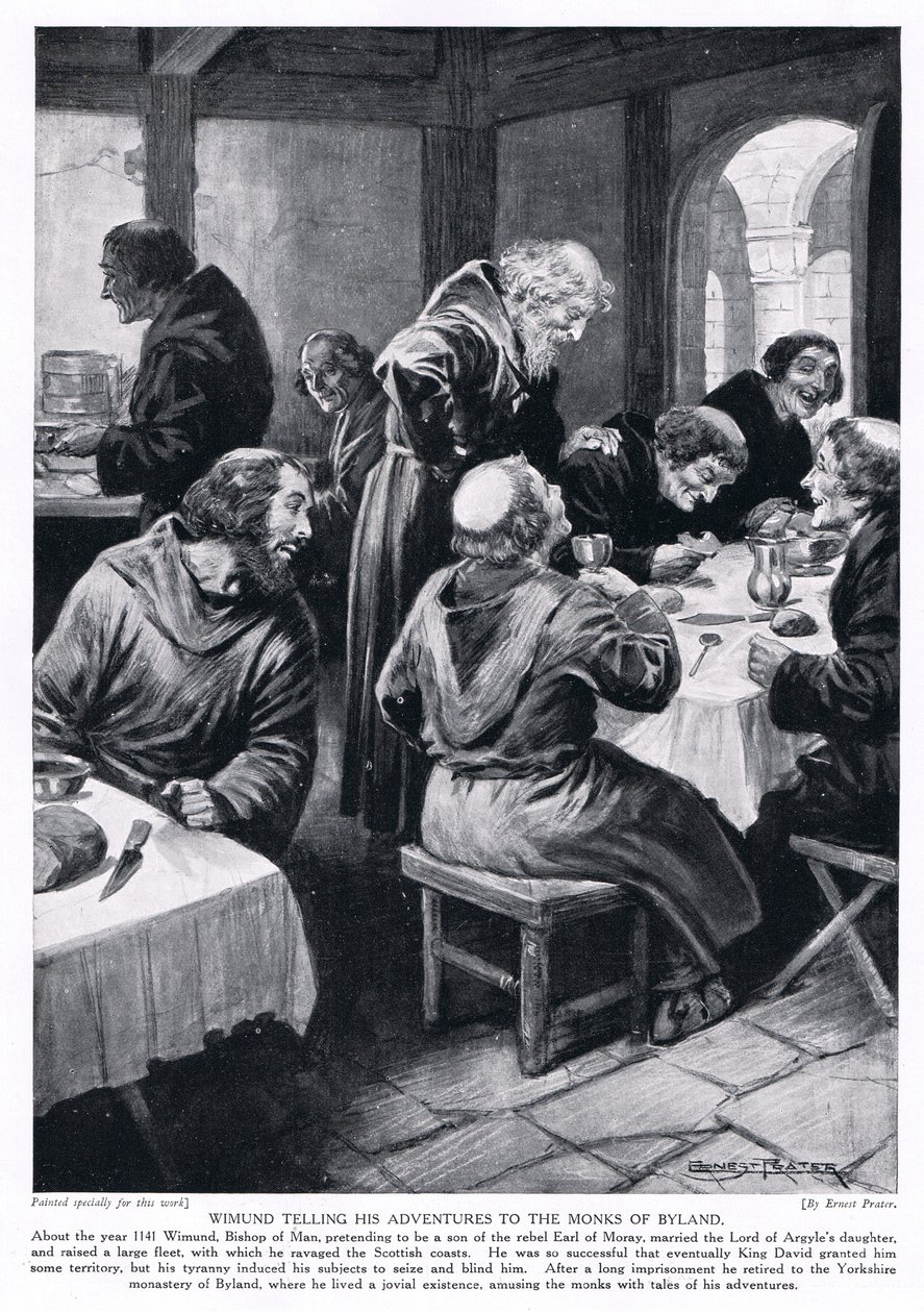 Wimund che racconta le sue avventure ai monaci di Byland AD1141, anni 1920 da Ernest Prater