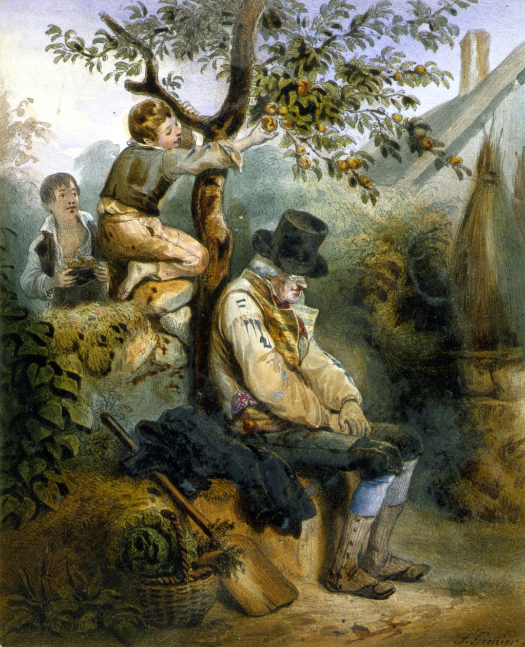 Bambini che rubano mele sotto il naso del contadino addormentato - litografia di Grenier, ca. 1840 da Ernest (after) Grenier
