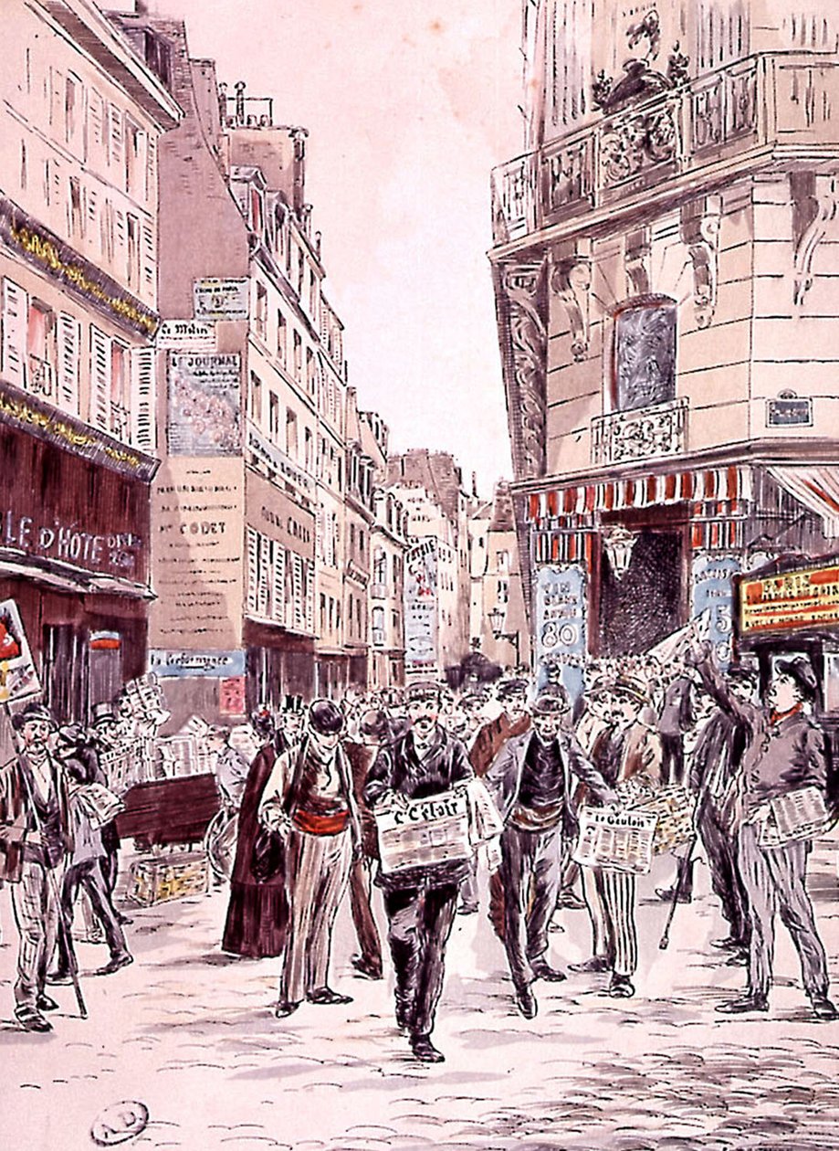 Venditori di giornali nelle strade di Parigi nel 1893, incisione da Ernest (after) Grenier