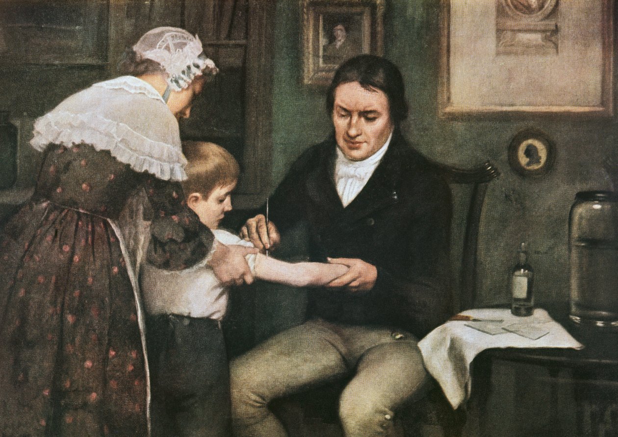Il dottor Edward Jenner (1749-1823) esegue la sua prima vaccinazione contro il vaiolo su James Phipps, un ragazzo di otto anni, 14 maggio da Ernest Board