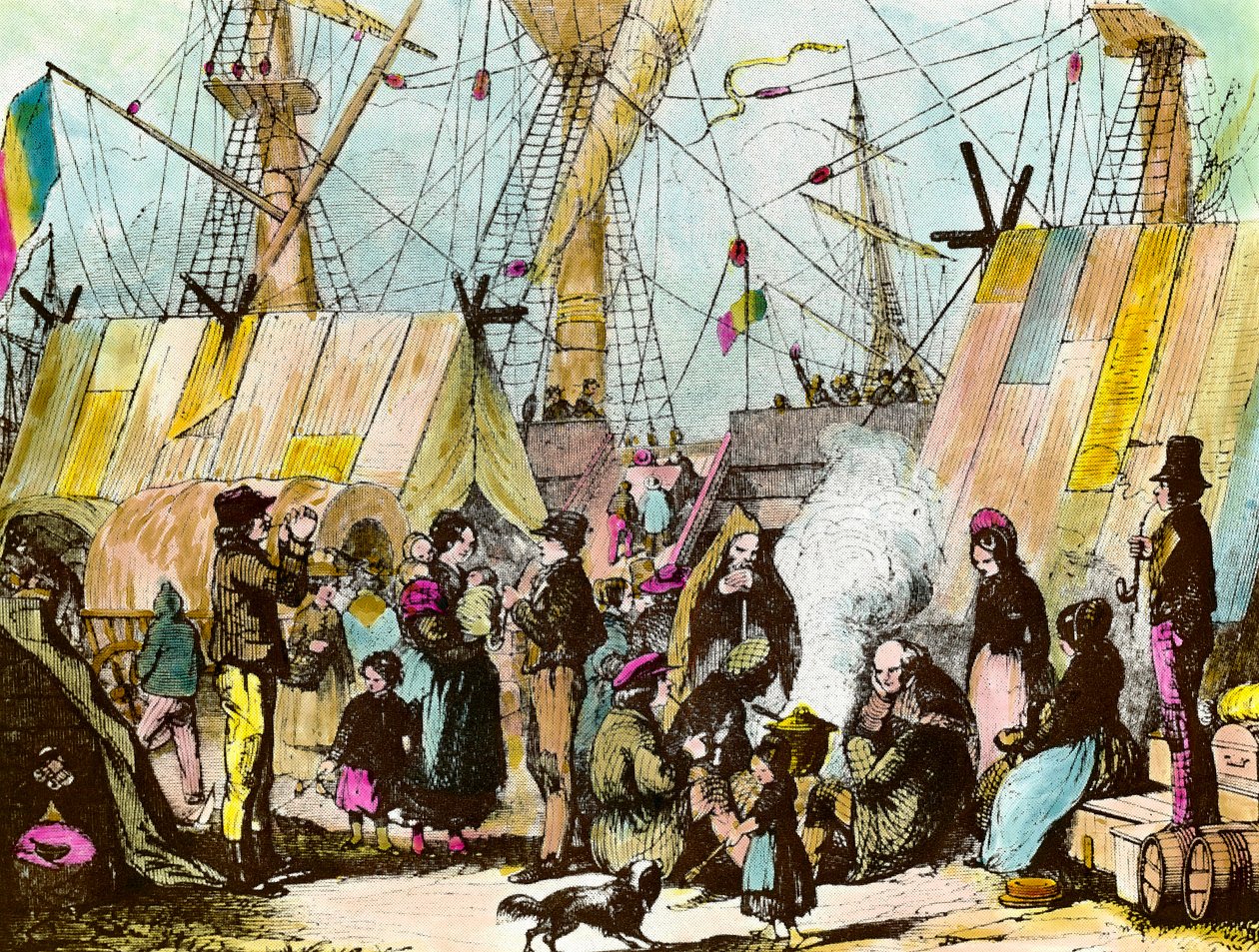 Famiglie di emigranti accampate al porto di Le Havre. Incisione di Ernest Charton (1813-1905) Incisione del XIX secolo Collezione privata da Ernest Charton