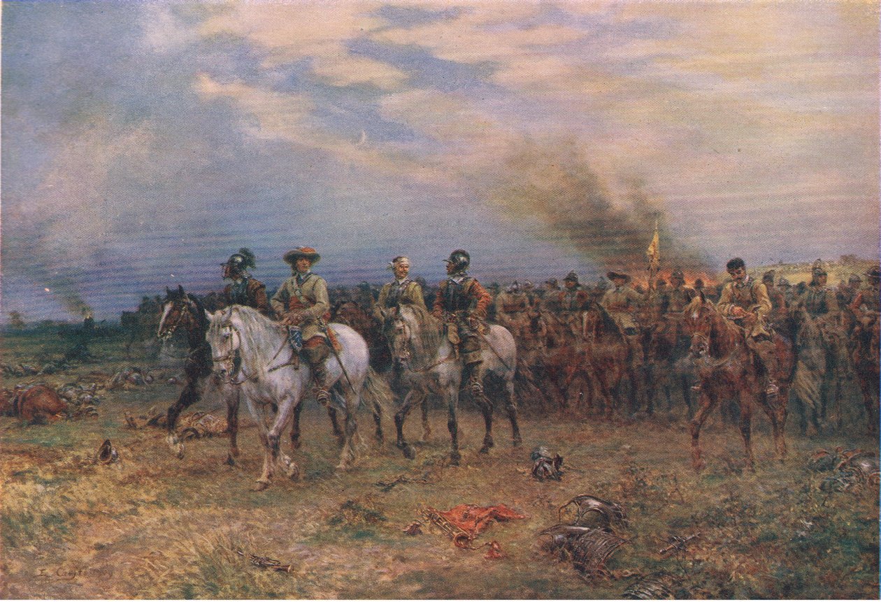 Cromwell a Marston Moor, illustrazione da La storia del popolo britannico pubblicata da Waverley, c.1940 da Ernest Crofts