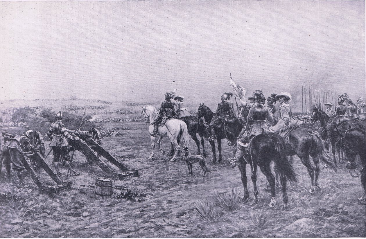 Il principe Rupert alla Battaglia di Marston, 2 luglio 1644, illustrazione da British Battles on Land and Sea, 1915 da Ernest Crofts