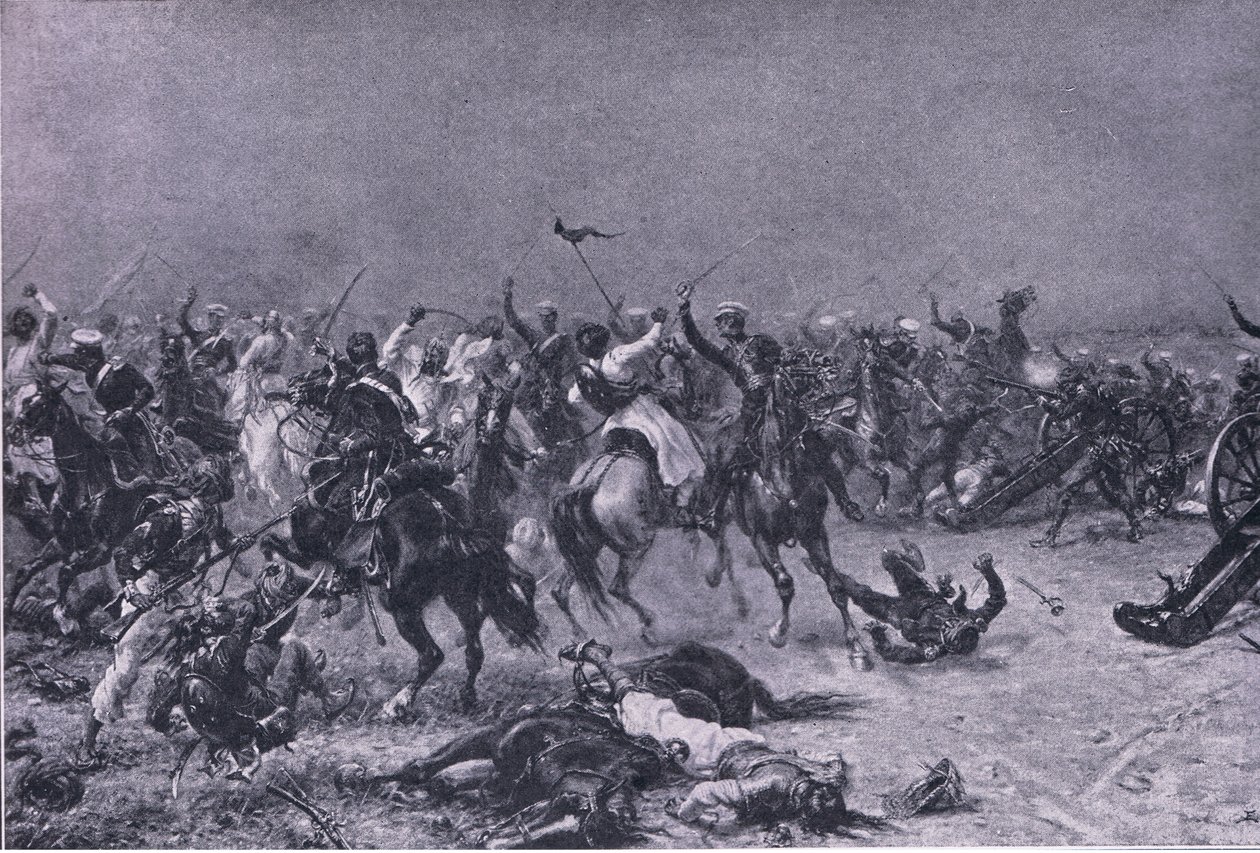 La carica dei Dragoni Leggeri del Re a Mudki, illustrazione da British Battles on Land and Sea, 1915 da Ernest Crofts