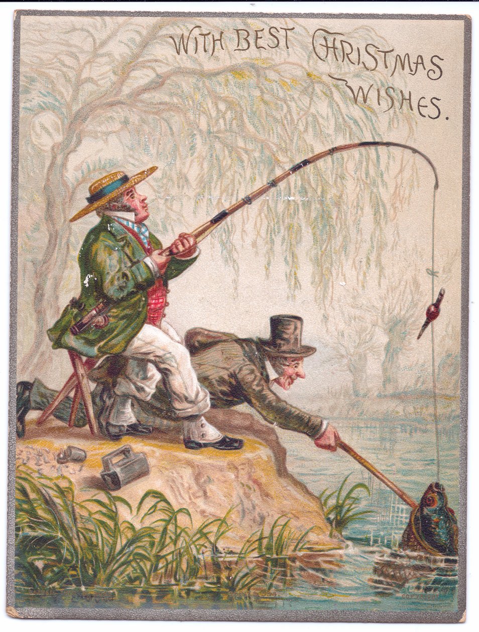 Cartolina di Natale vittoriana di due uomini che pescano lungo il fiume, c.1880 da Ernest Henry Griset