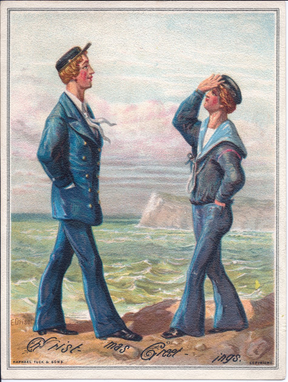 Una cartolina di Natale vittoriana di due marinai che camminano lungo l