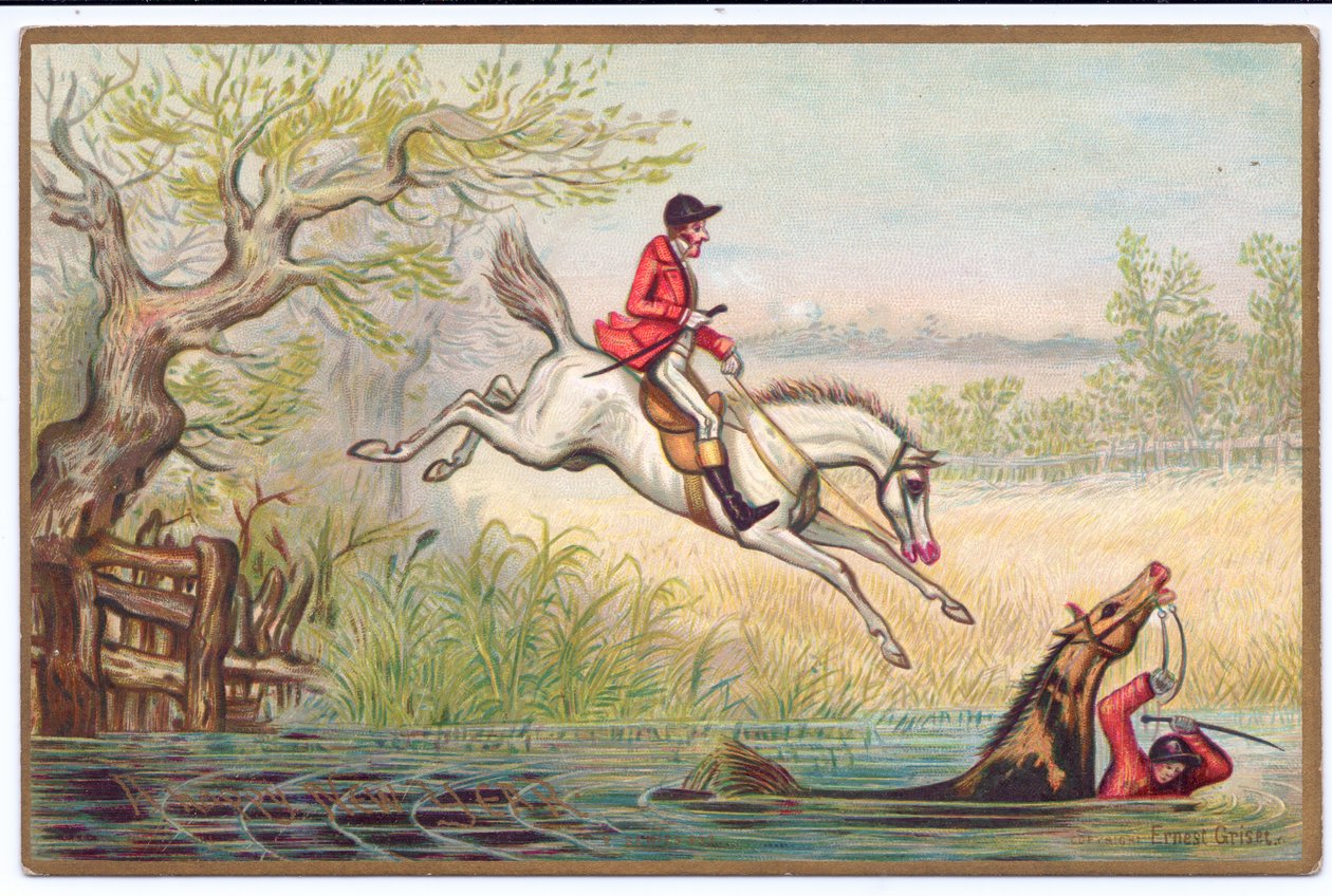 Cartolina di Capodanno vittoriana di una caccia alla volpe con un cacciatore e il suo cavallo che cadono nel fiume, c.1880 da Ernest Henry Griset