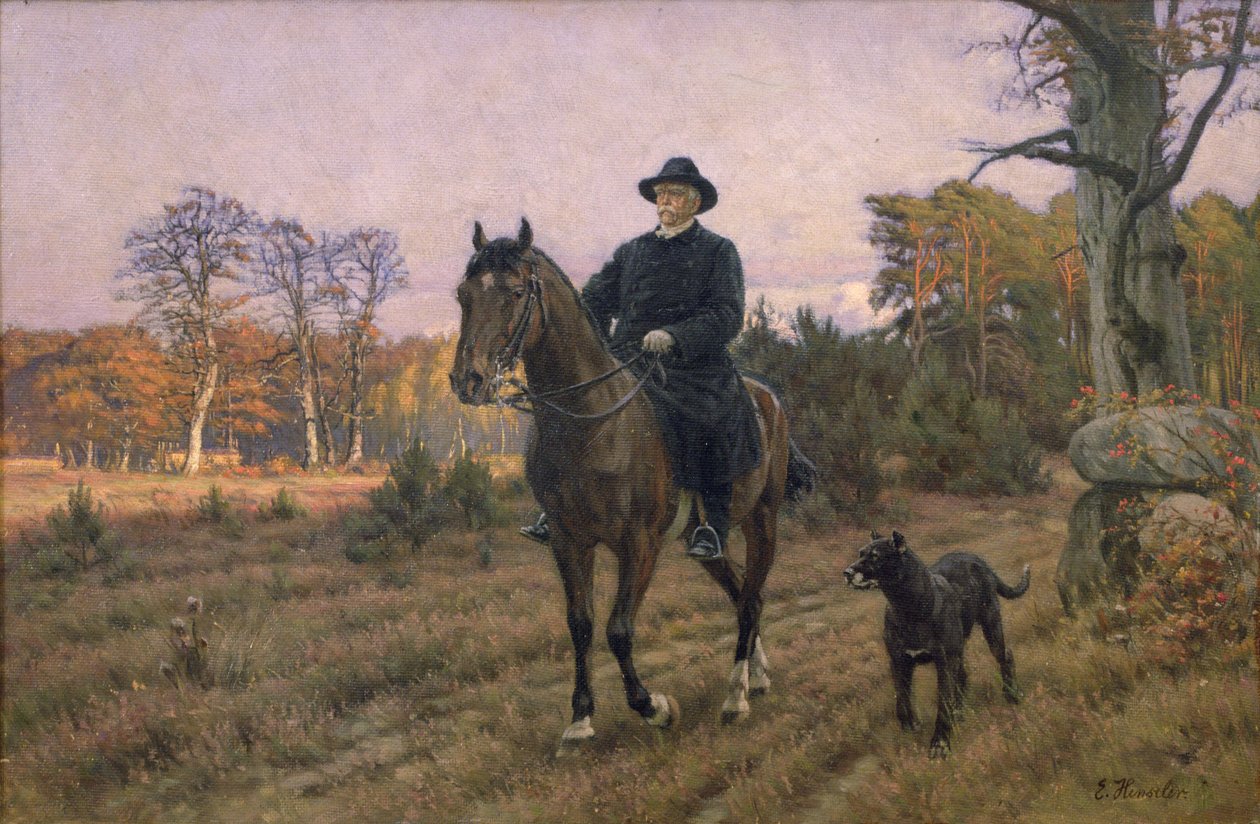 Bismarck a cavallo con cane (stampa a olio) da Ernest Henseler