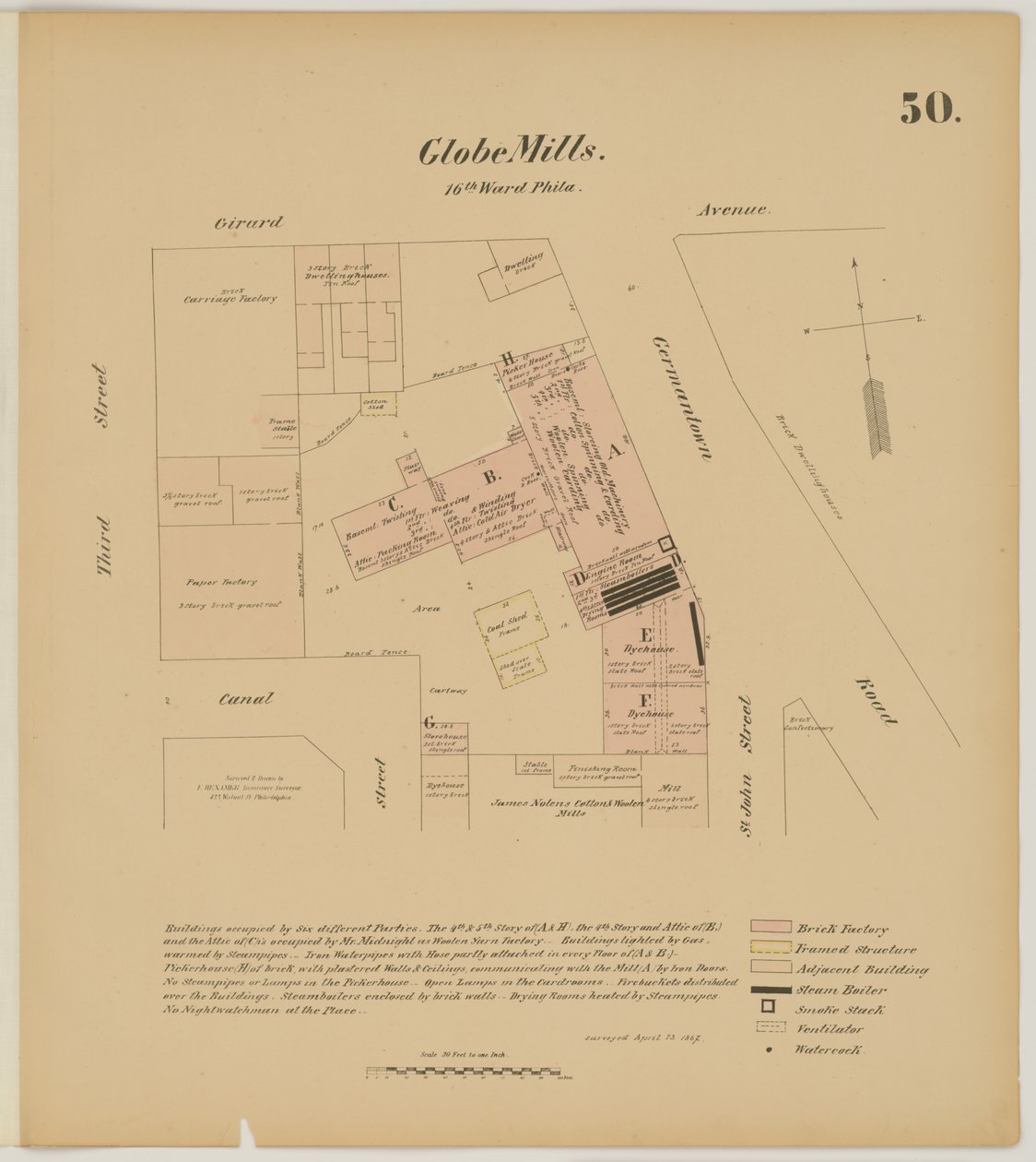 Girard Ave, Germantown Rd, 3rd St e Canal Street, Hexamer General Surveys, 1867 da Ernest Hexamer