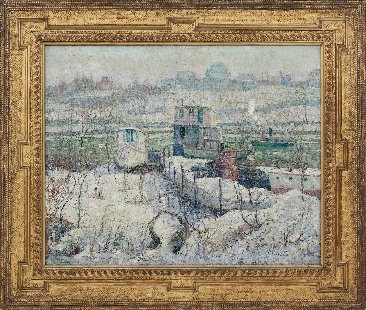 Boathouse, inverno, fiume Harlem, c.1916 da Ernest Lawson