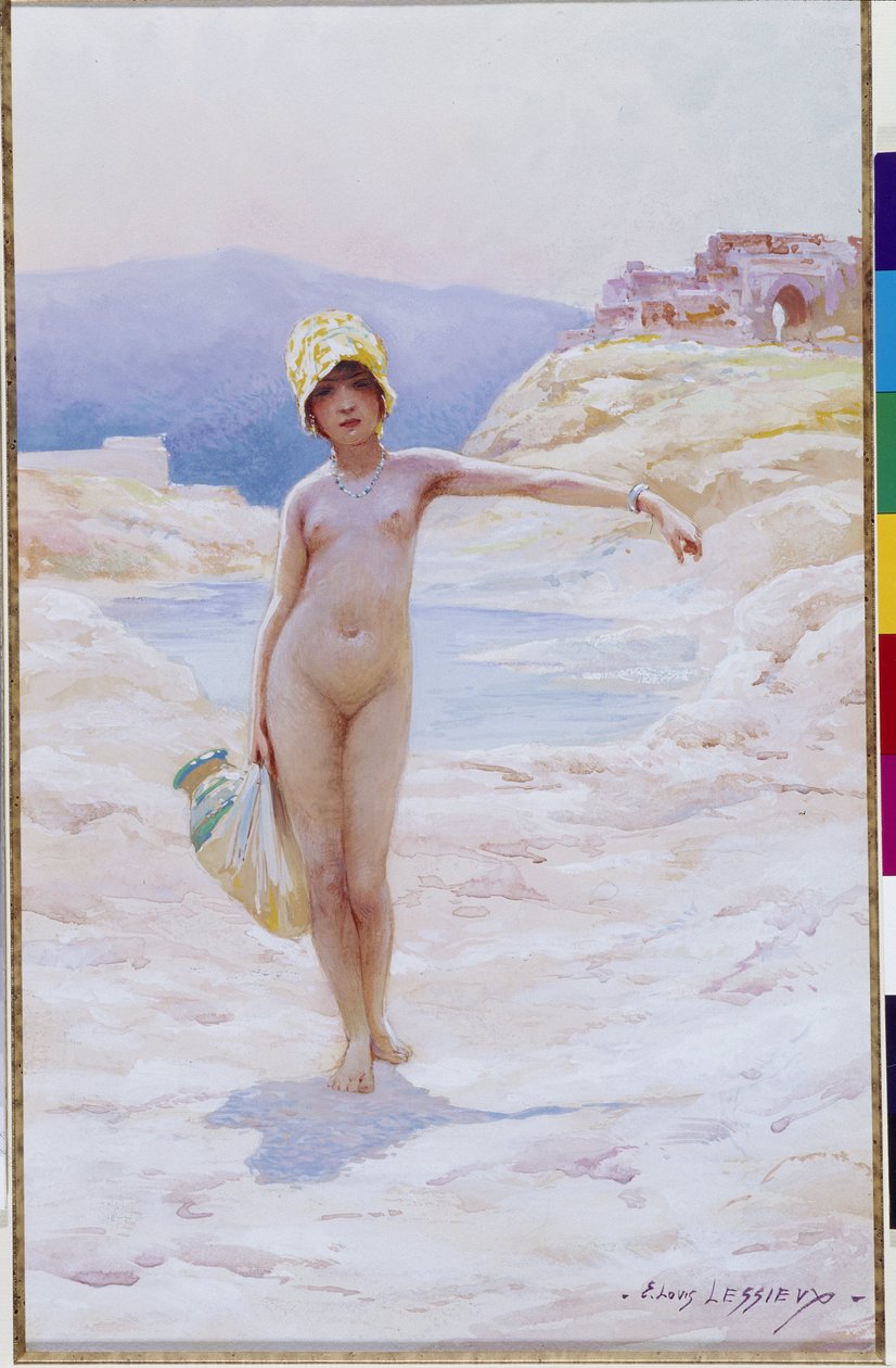 Ragazza algerina con la brocca Una ragazza nuda con un cappello che porta una brocca d