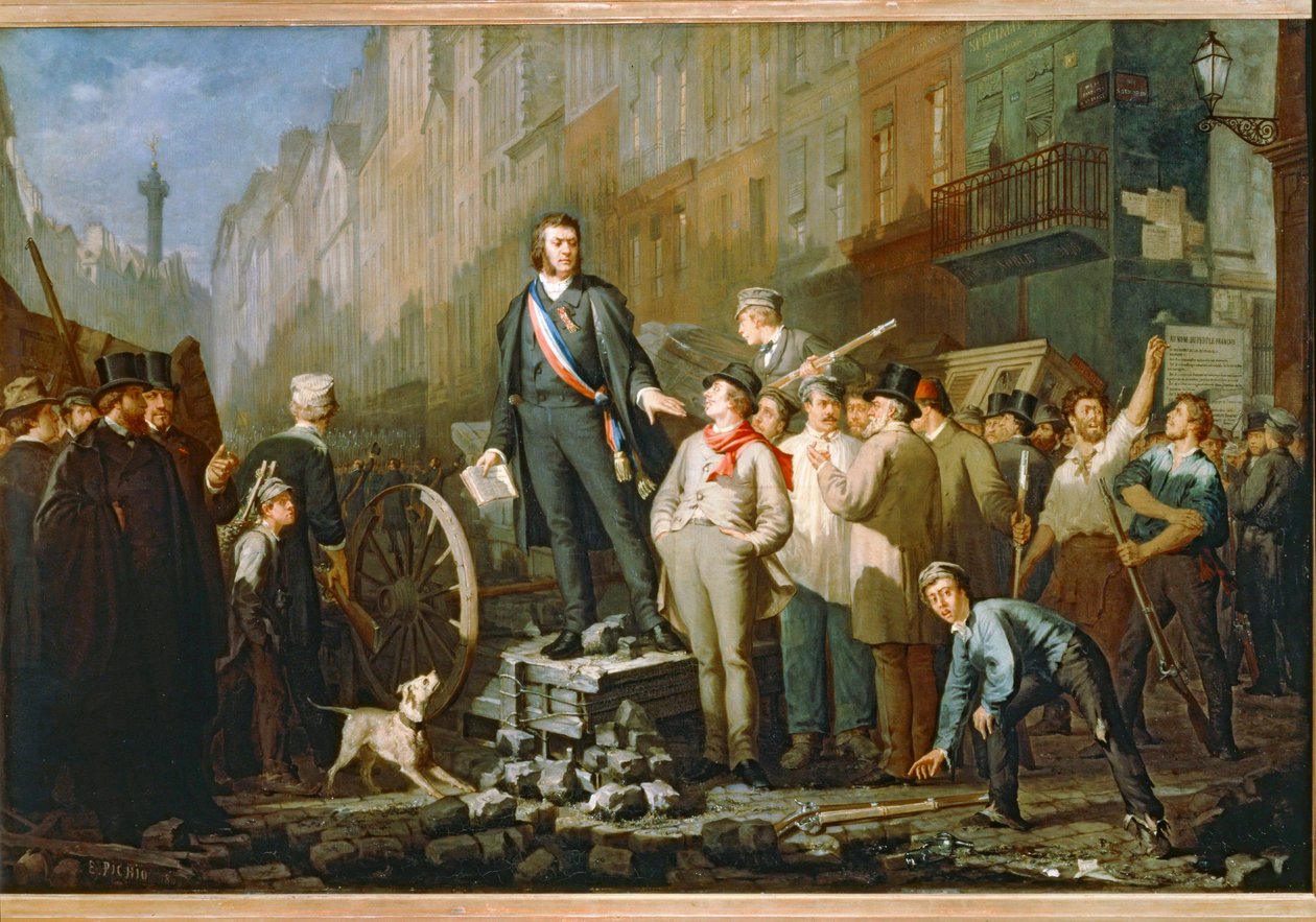 Jean-Baptiste Alphonse Baudin sulle barricate di Saint-Antoine, vicino a Parigi, dopo il colpo di Stato del 2 dicembre 1851... (dipinto su tela) da Ernest Louis Pichio