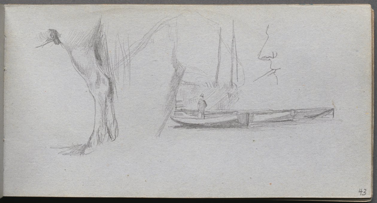 Taccuino, pagina 43: Studi: gamba di cavallo, figura in una barca e profilo da Ernest Meissonier