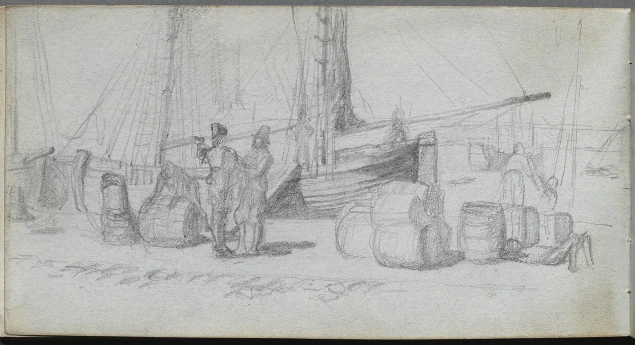 Taccuino, pagina 50: Barche, figure, carico su una spiaggia da Jean Louis Ernest Meissonier
