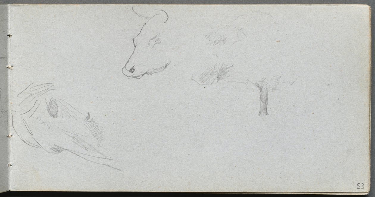 Taccuino, pagina 53: Studi di animali e studio di un albero da Jean Louis Ernest Meissonier