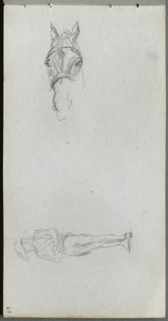 Quaderno di schizzi, pagina 69: Studio di una mano, un cavallo e una figura da Ernest Meissonier