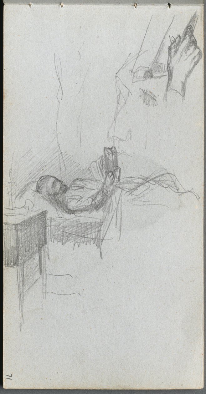 Taccuino, pagina 71: Studio di una figura che legge a letto, studio di una mano da Jean Louis Ernest Meissonier