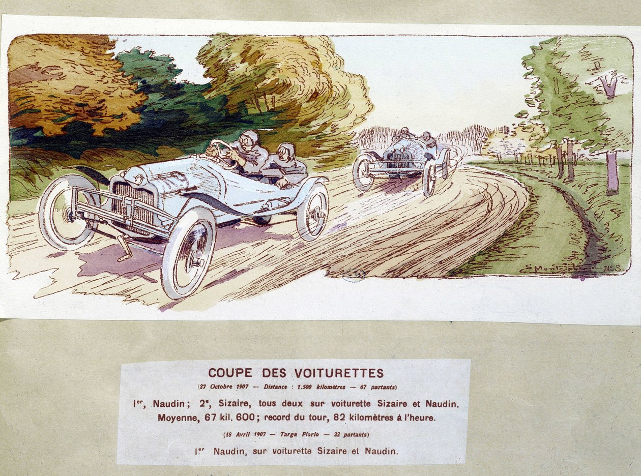 Corsa automobilistica: taglio dei carri nel 1907 - disegno di Ernest Montaut (1878-1909) da Ernest Montaut