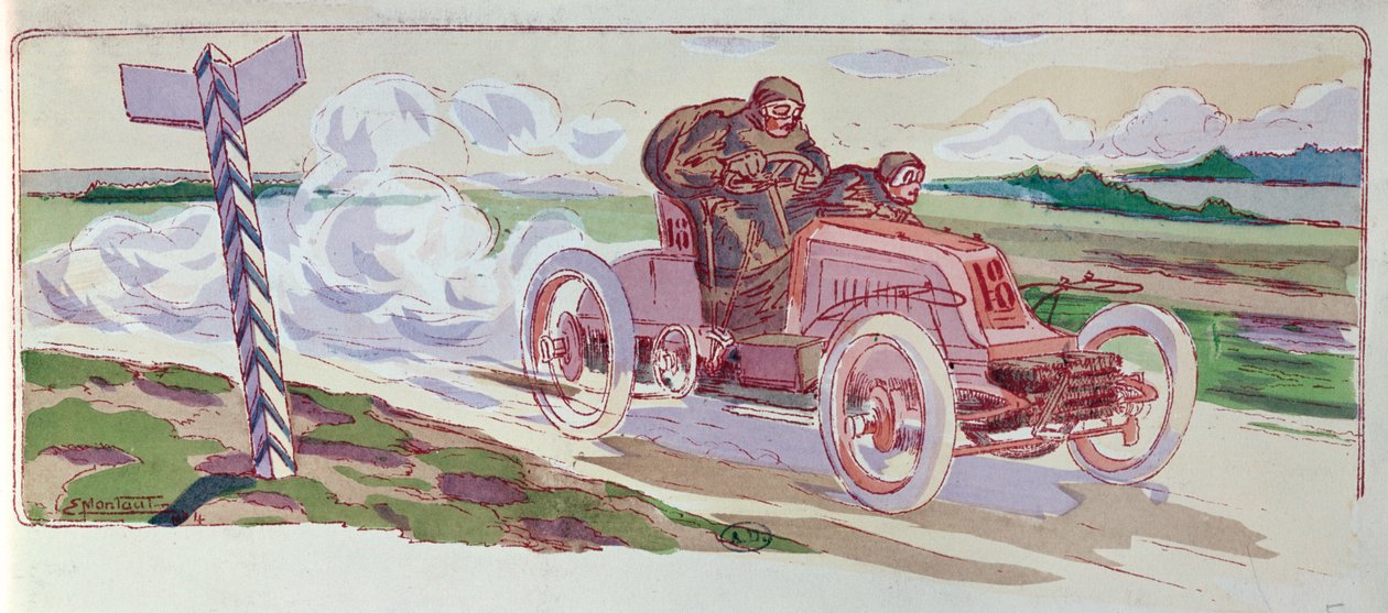 Henri Fournier nella sua Mors che compete nel rally Parigi-Berlino nel 1901, c.1910 da Ernest Montaut