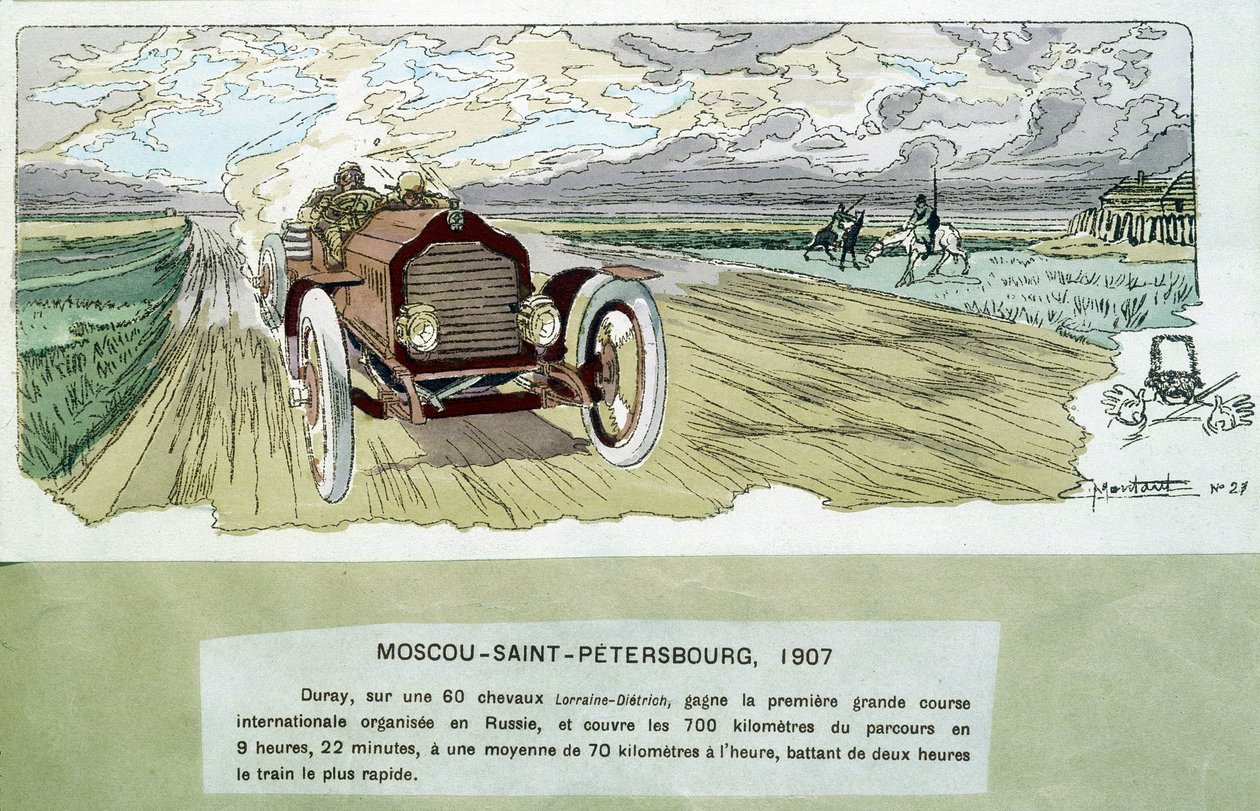 Corsa automobilistica: Mosca - San Pietroburgo, circa 1900 - disegno di Ernest Montaut (1878-1909) da Ernest Montaut