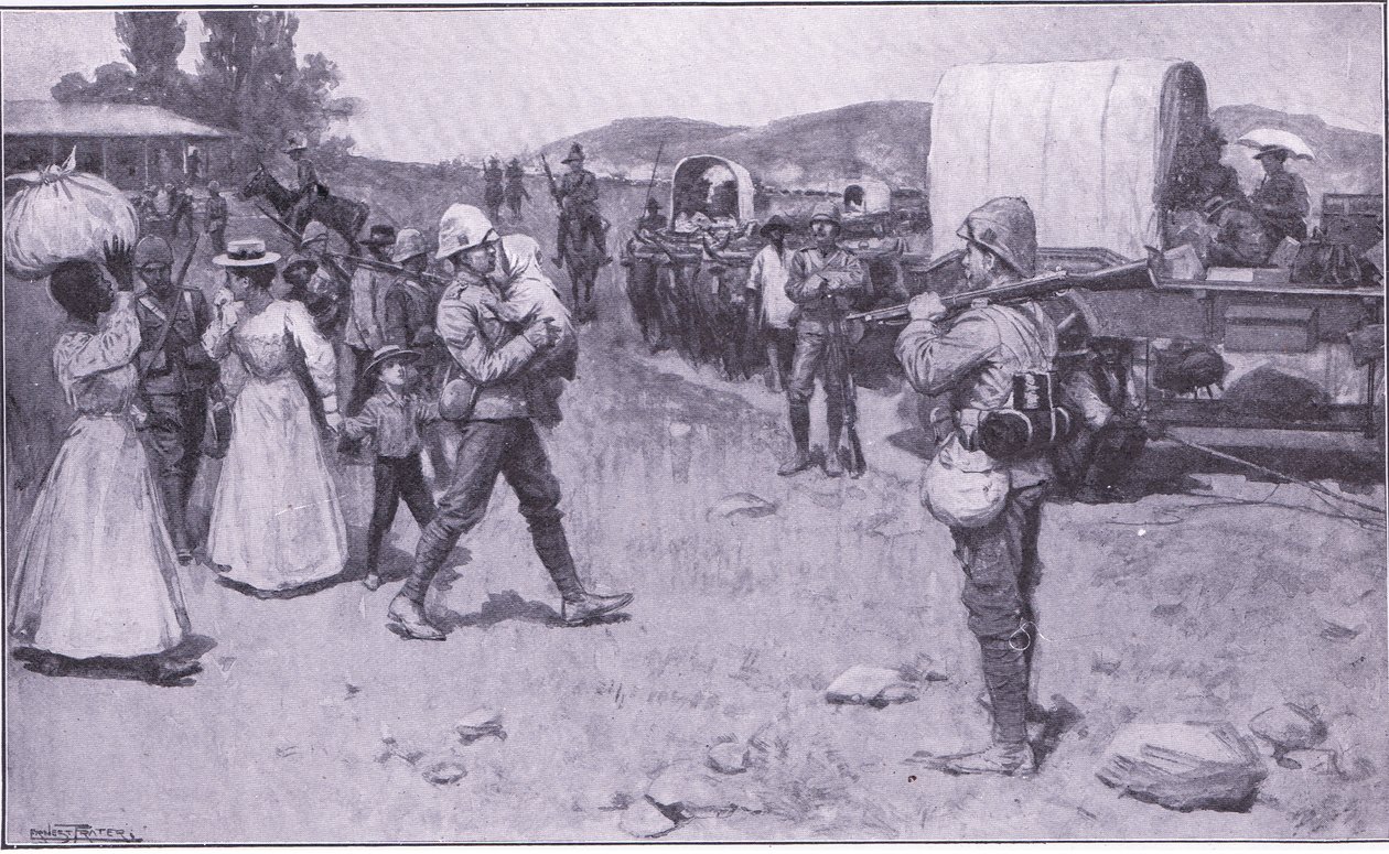 Soldati britannici che assistono i rifugiati boeri, illustrazione da After Pretoria: The Guerilla War, 1902 da Ernest Prater