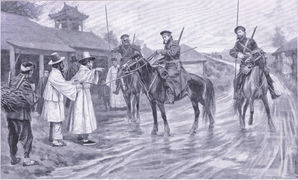 Esploratori cosacchi che raccolgono informazioni da un prigioniero coreano, illustrazione da Cassells History of the Russo-Japanese War Vol 1, c.1900 da Ernest Prater