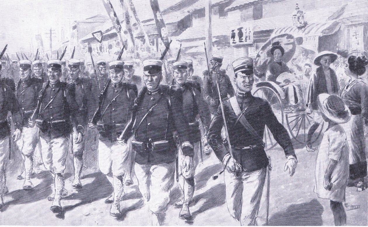 Giapponesi in marcia attraverso Tokyo, illustrazione da Cassells History of the Russo-Japanese War Vol 1, c.1900 da Ernest Prater