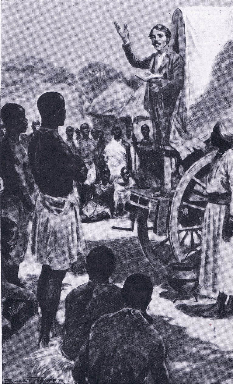 Predicando ai Makololo: Livingstone, illustrazione da Cassells Romance of Famous Lives, c.1940 da Ernest Prater