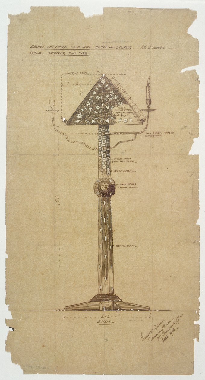 Progetto per leggio in ebano intarsiato con osso e argento per la chiesa di St. Andrews, Roker 1906 da Ernest William Gimson