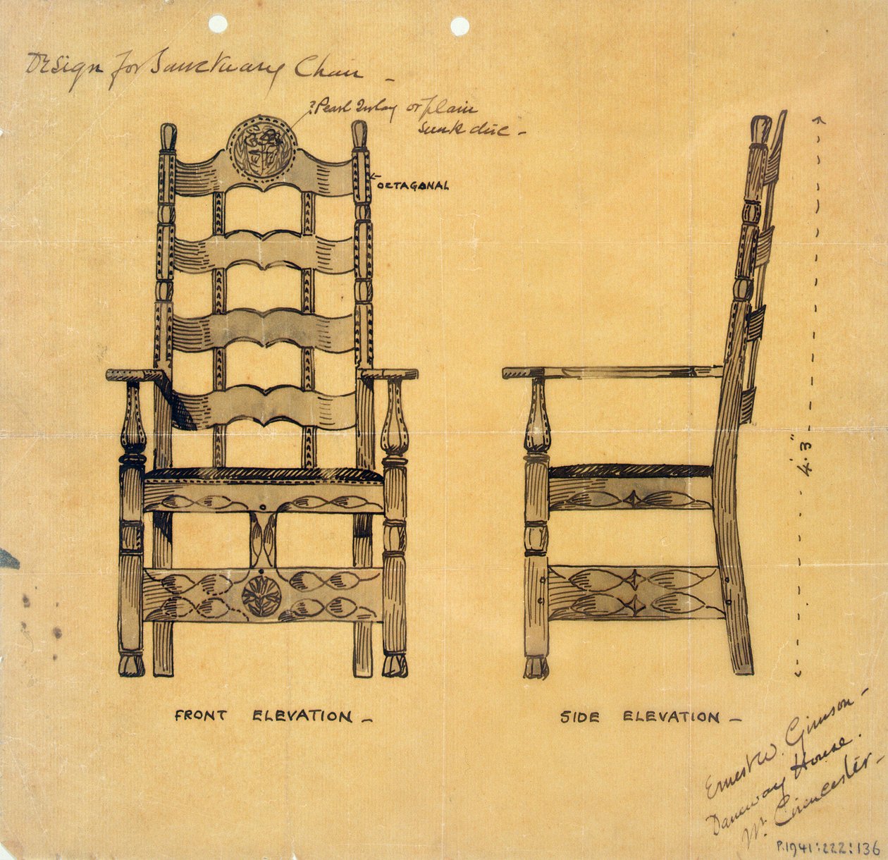 Progetto per sedia del santuario, c.1905-25 da Ernest William Gimson