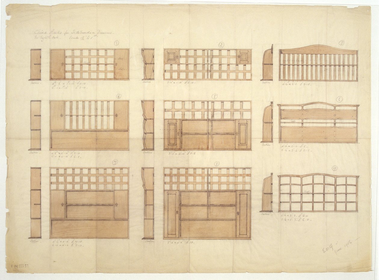 Progetti per rastrelliere per la Cina, credenze e cassettiere in quercia inglese, 1906 da Ernest William Gimson