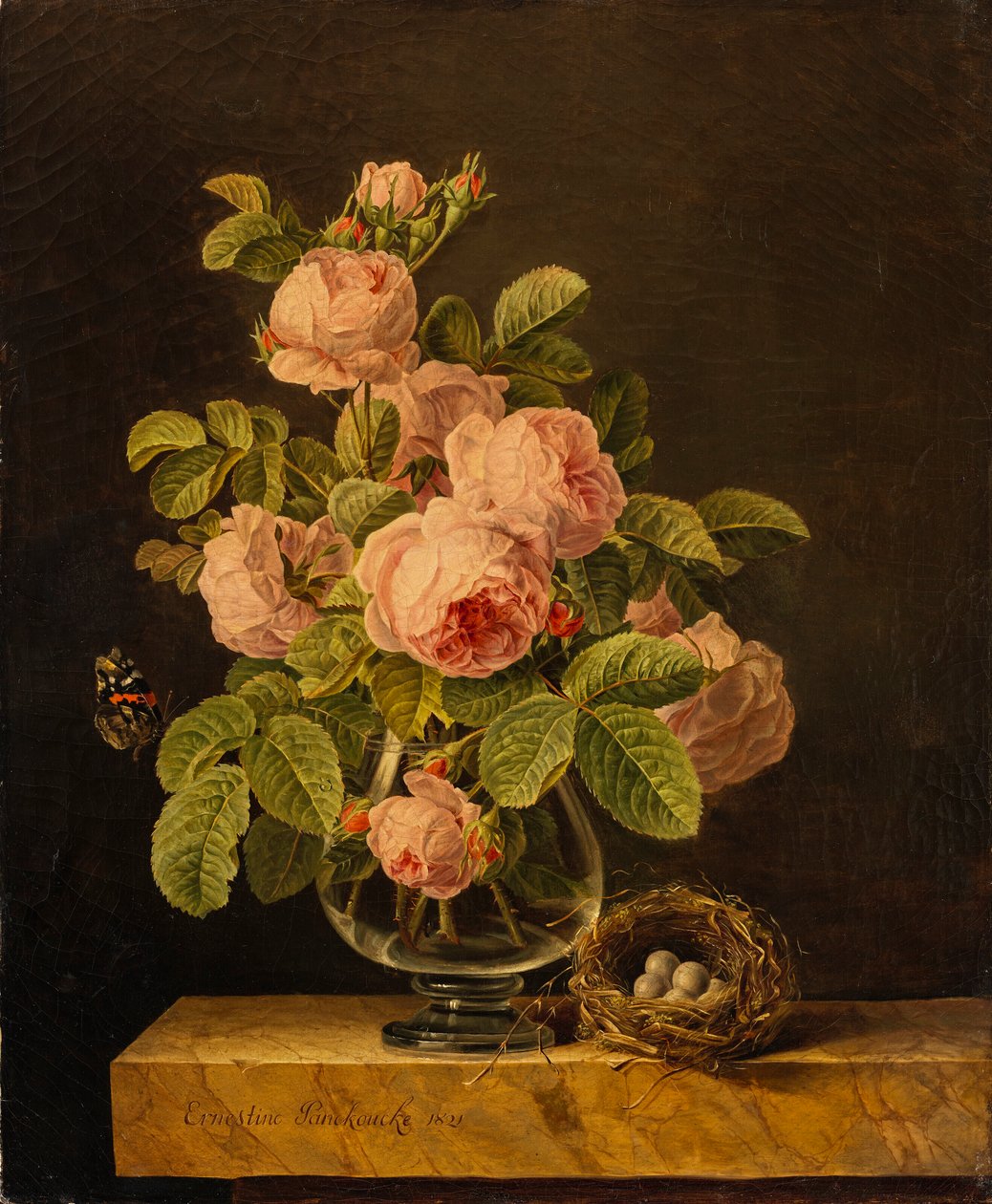 Ernestine Panckoucke - Un vaso di rose con una farfalla e un nido su una sporgenza da Ernestine Panckoucke