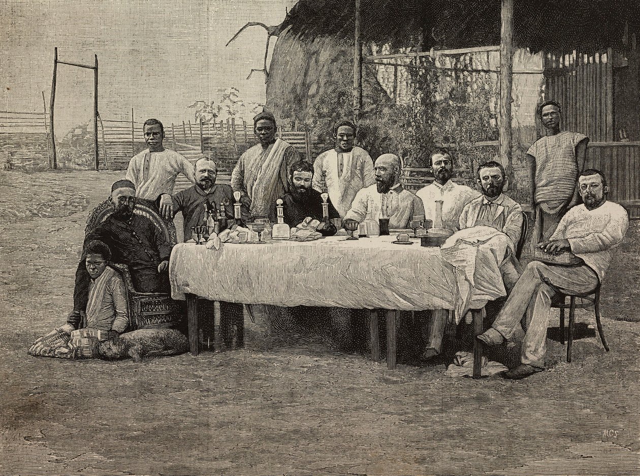 Banchetto della società anti-schiavitù al consolato italiano a Boma, Repubblica Democratica del Congo, incisione di Ernesto Mancastropa da una fotografia di Giuseppe Corona, da L