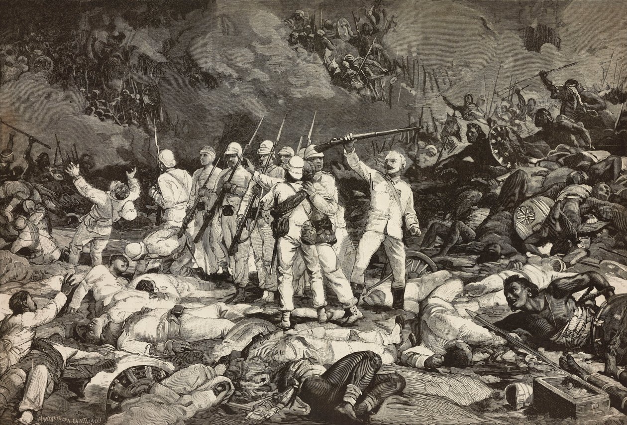 Battaglia di Dogali, ultimi sopravvissuti che presentano le armi, salutando i caduti, Guerra Eritrea, incisione di Ernesto Mancastroppa e Cantagalli da disegno e composizione di Ludovico Pogliaghi, da L