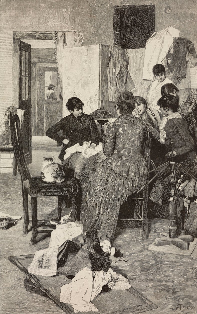 El me dise la so rossa, donna che legge una lettera, da un dipinto di Giacomo Favretto, incisione di Ernesto Mancastropa da L