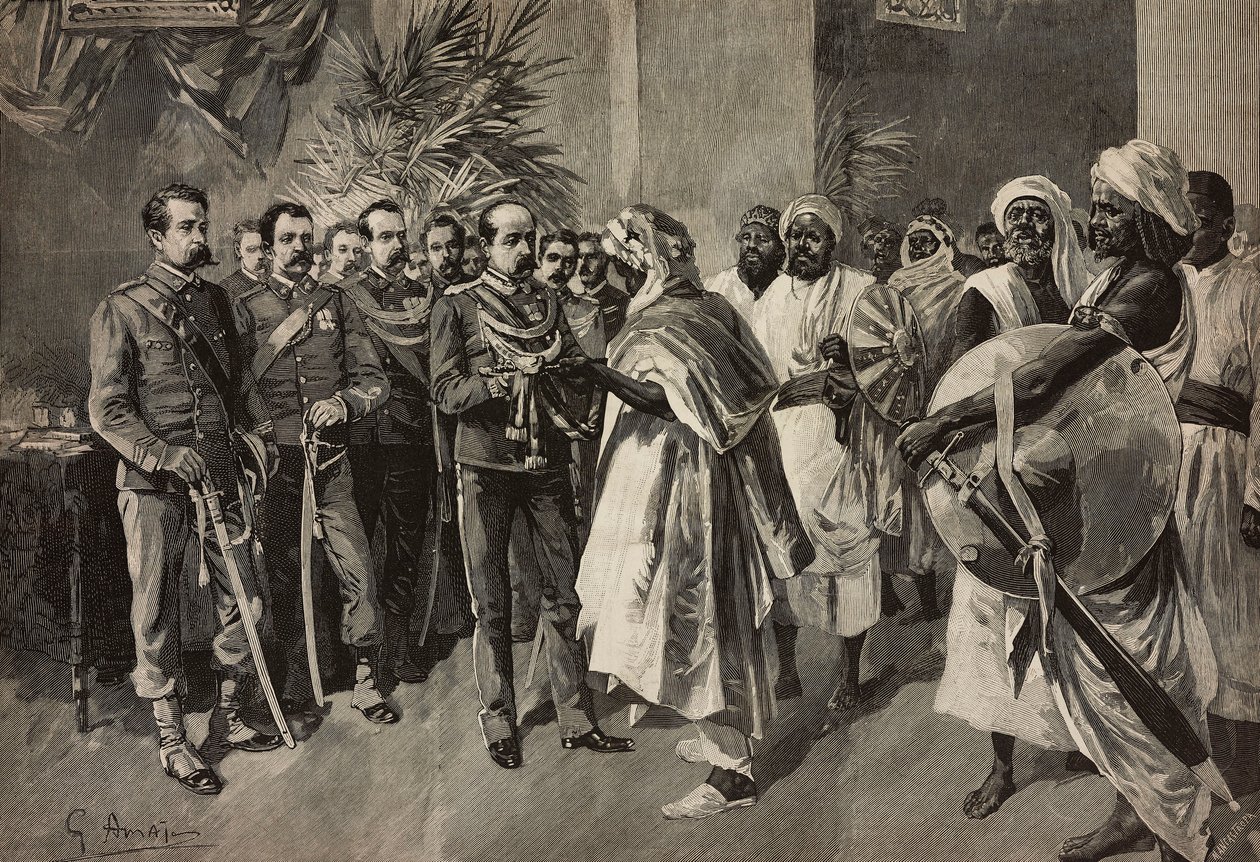 Il generale Tancredi Saletta offre la spada a Kantibai, capo degli Abab, Massaua, guerra eritrea, incisione di Ernesto Mancastroppa da un disegno di G Amato, da L
