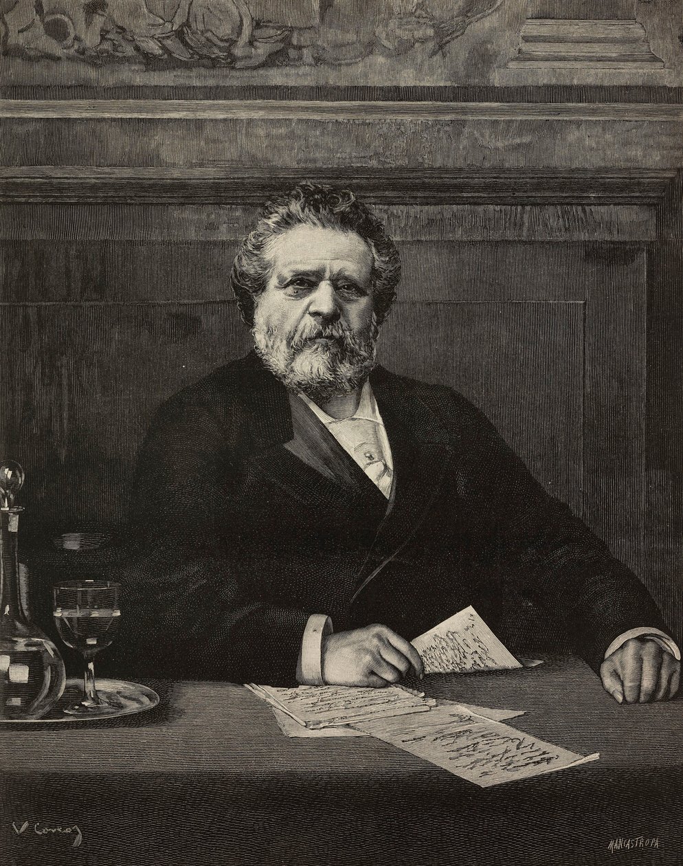 Giosuè Carducci (1835-1907), poeta e scrittore italiano, Premio Nobel nel 1906, incisione di Ernesto Mancastroppa da dipinto di Vittorio Corcos, da L