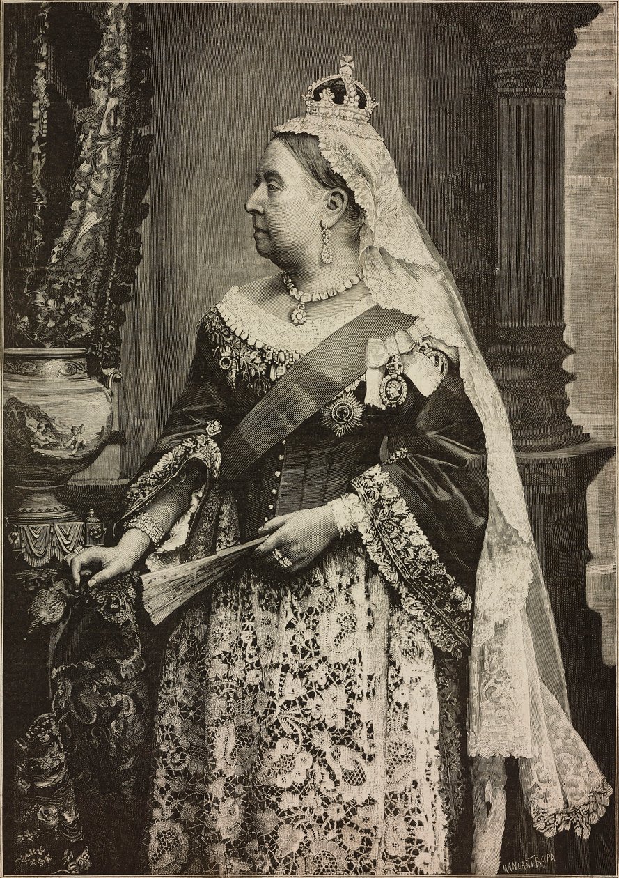 Sua Maestà la Regina Vittoria alla celebrazione del 50º anniversario della sua incoronazione, incisione di Ernesto Mancastroppa da foto di Walery, da L