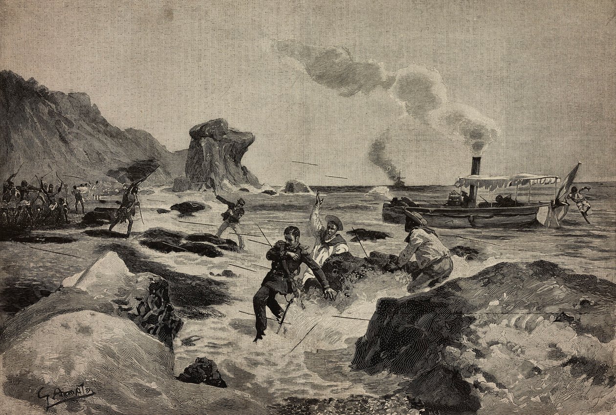 Uccisione del tenente Carlo Zavagli (1867-1890) a Warsheikh, in Somalia, 24 aprile, incisione di Ernesto Mancastropa da disegno di Gennaro Amato, da L