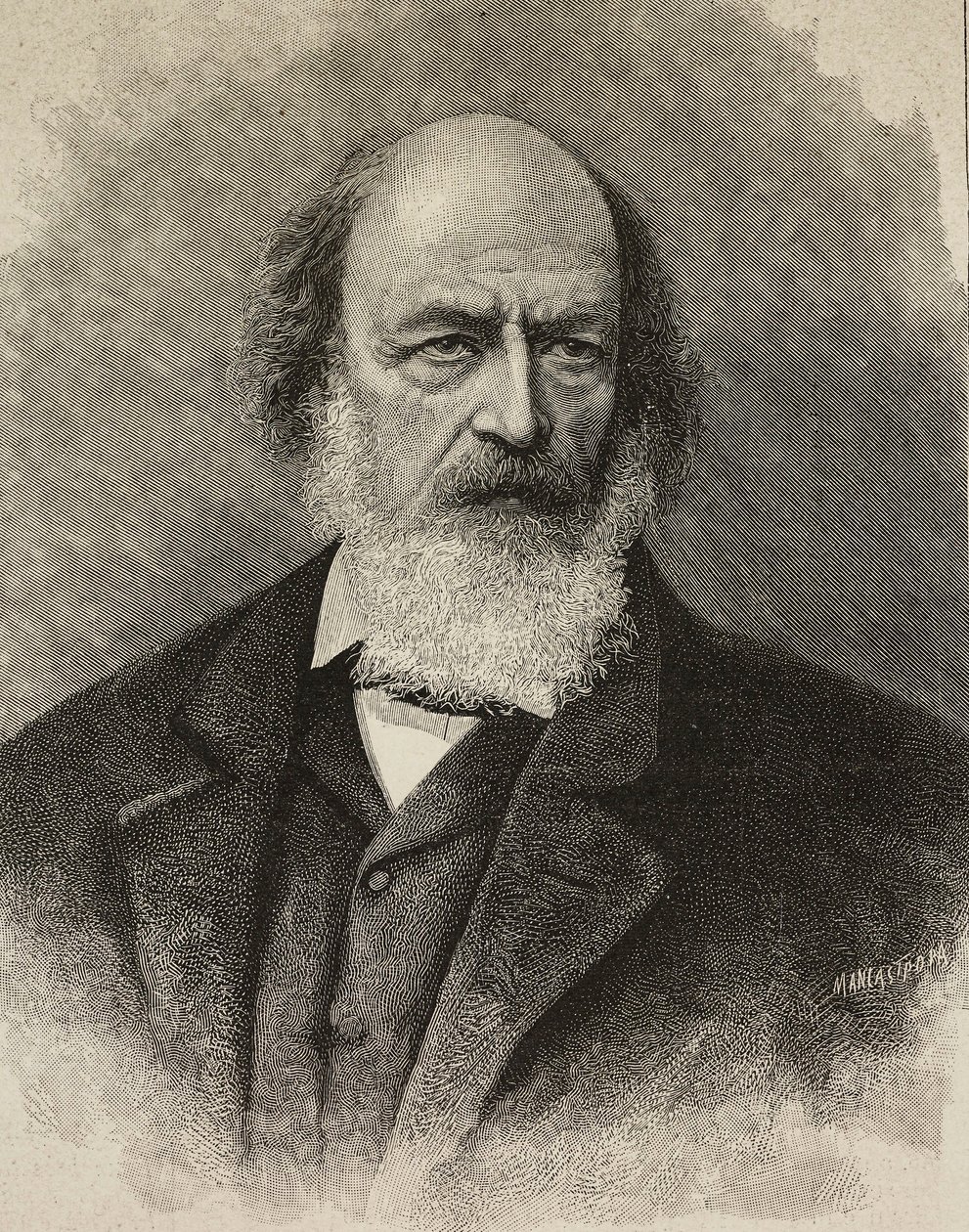 Ritratto di Alfred Tennyson, poeta britannico, incisione di Ernesto Mancastroppa da una fotografia di Barraud da Ernesto Mancastroppa