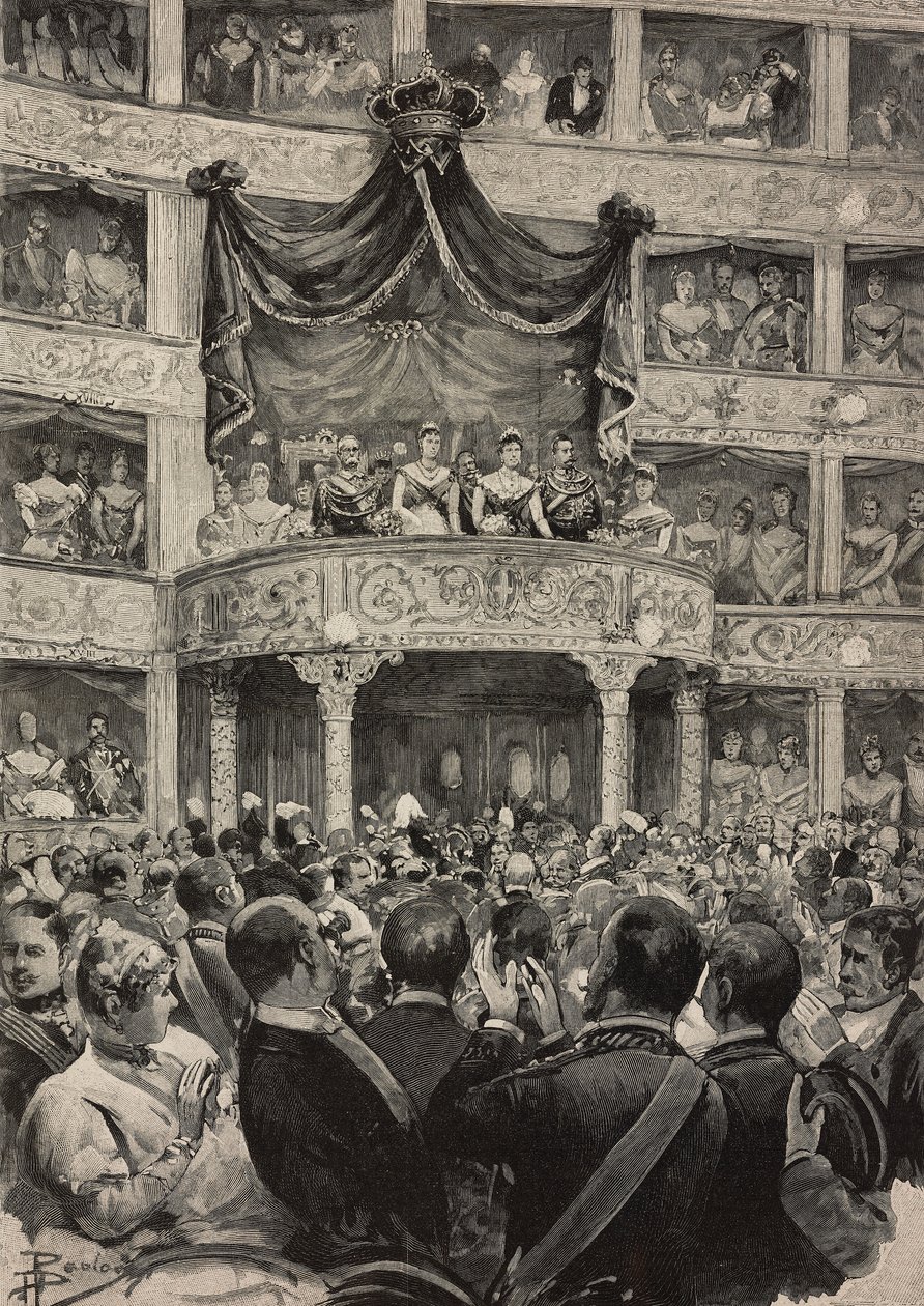 Umberto I e Margherita di Savoia, accompagnati dai sovrani di Germania, al Teatro Argentina in occasione delle celebrazioni delle nozze d