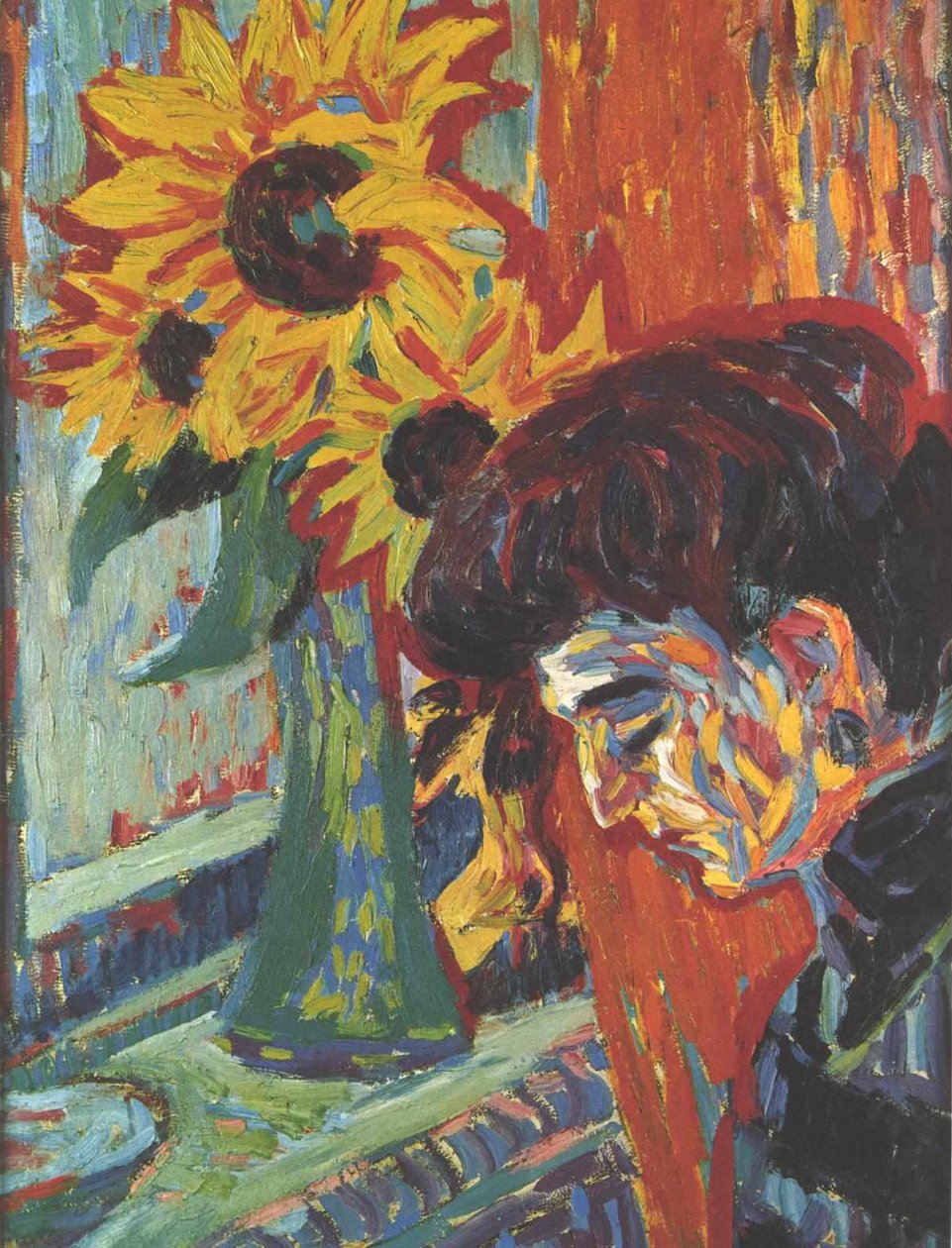 Testa di donna davanti ai girasoli da Ernst Ludwig Kirchner