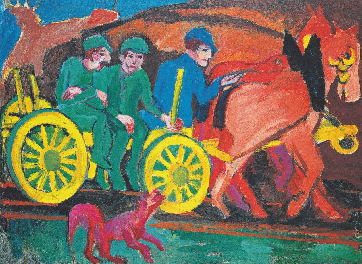 Carro trainato da cavalli con tre contadini da Ernst Ludwig Kirchner