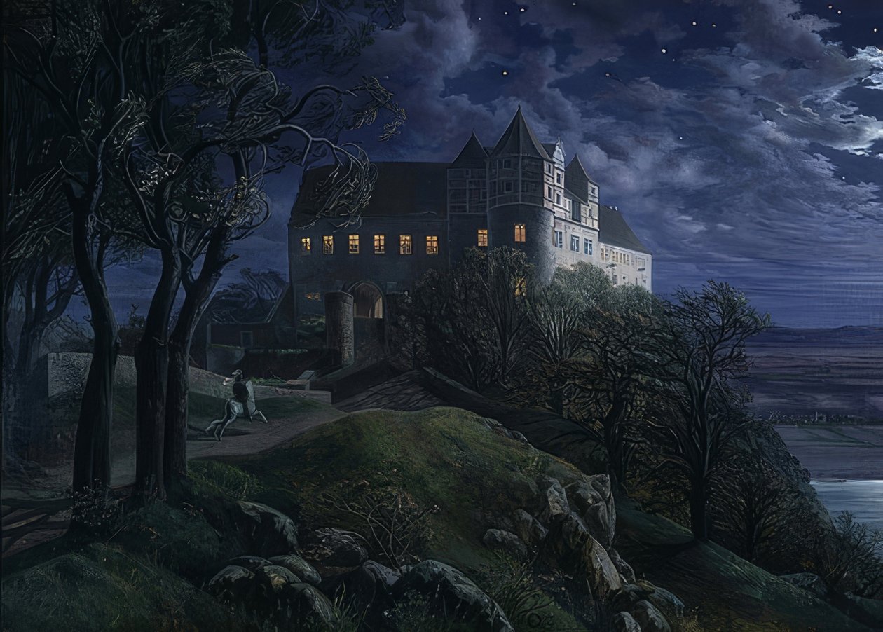 Castello di Scharfenberg di notte. 1827 da Ernst Ferdinand Oehme
