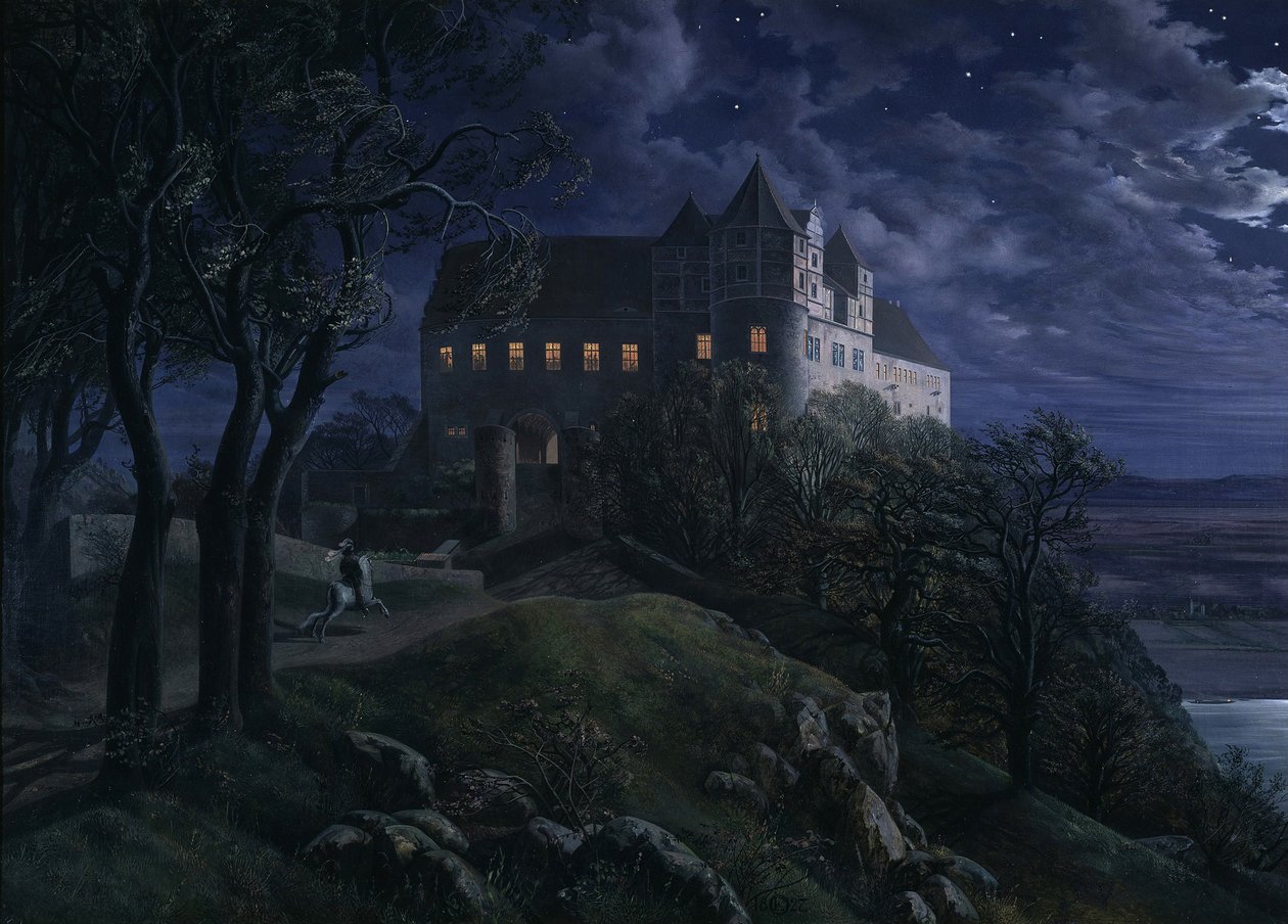 Castello Scharfenberg di notte, 1827 da Ernst Ferdinand Oehme
