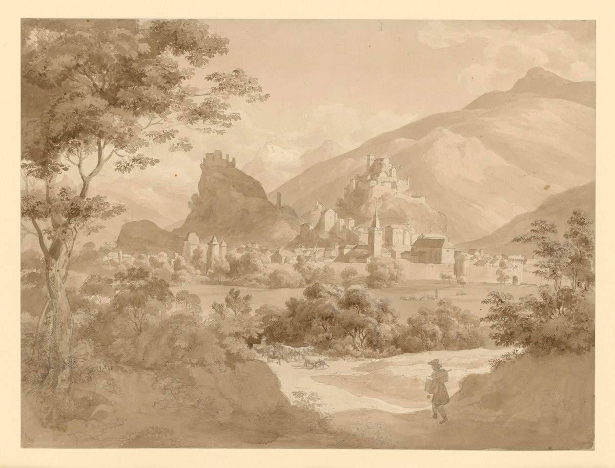 Veduta di una piccola città fortificata e di due castelli in un paesaggio montano, con un pittore in primo piano da Ernst Fries