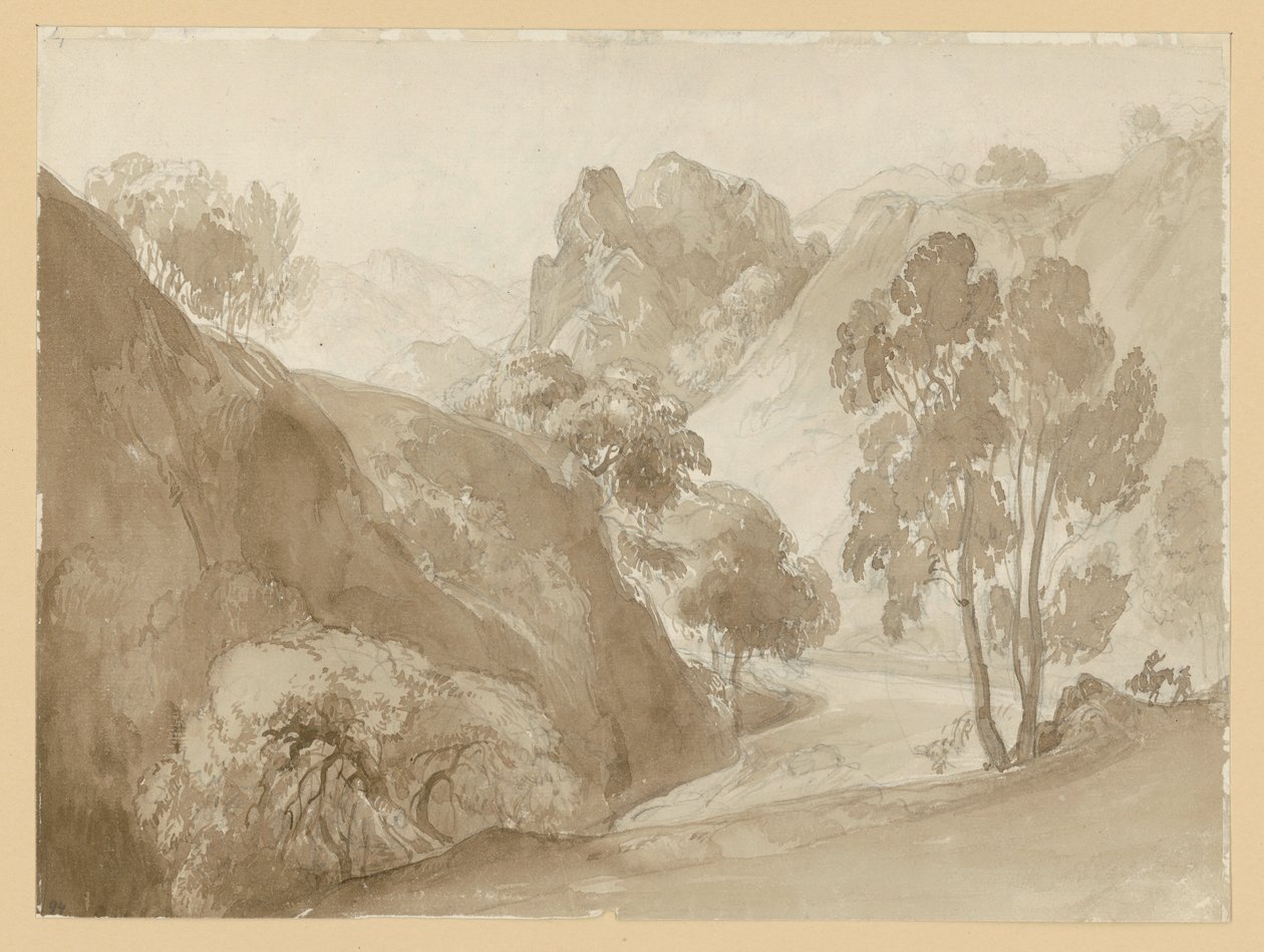Valle fluviale e paesaggio montano, con figure sul sentiero da Ernst Fries